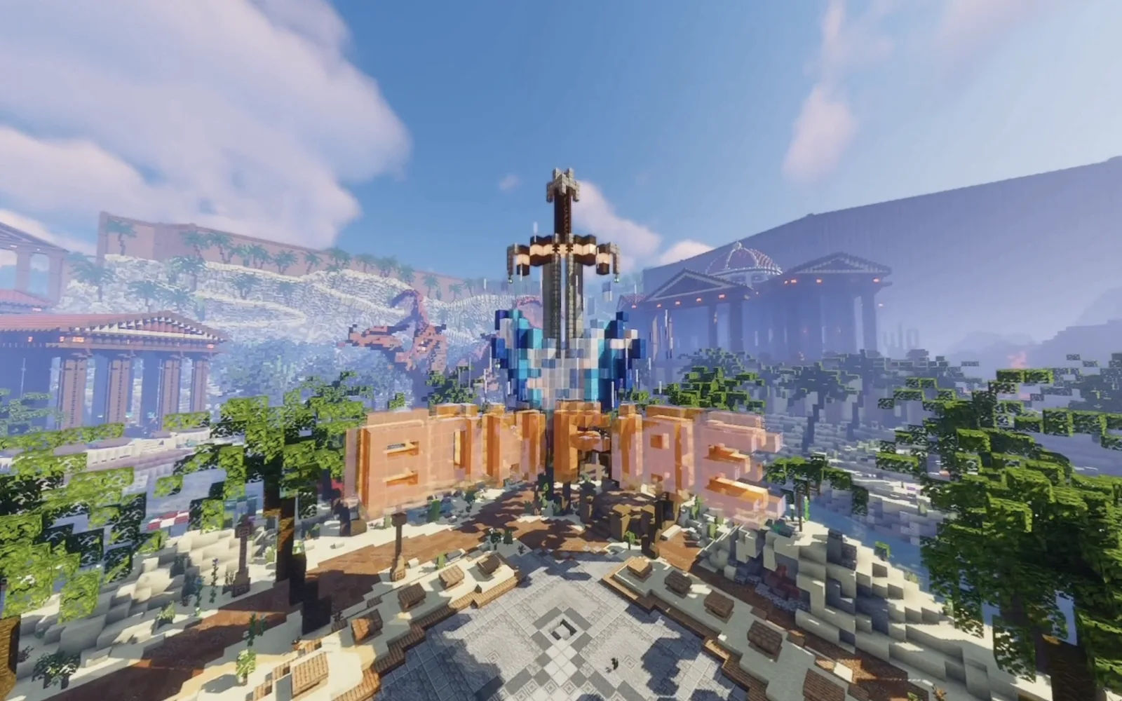 A giant sword monument above block letters spelling Bonfire, ringed by palm trees and temples in the Bonfire lobby