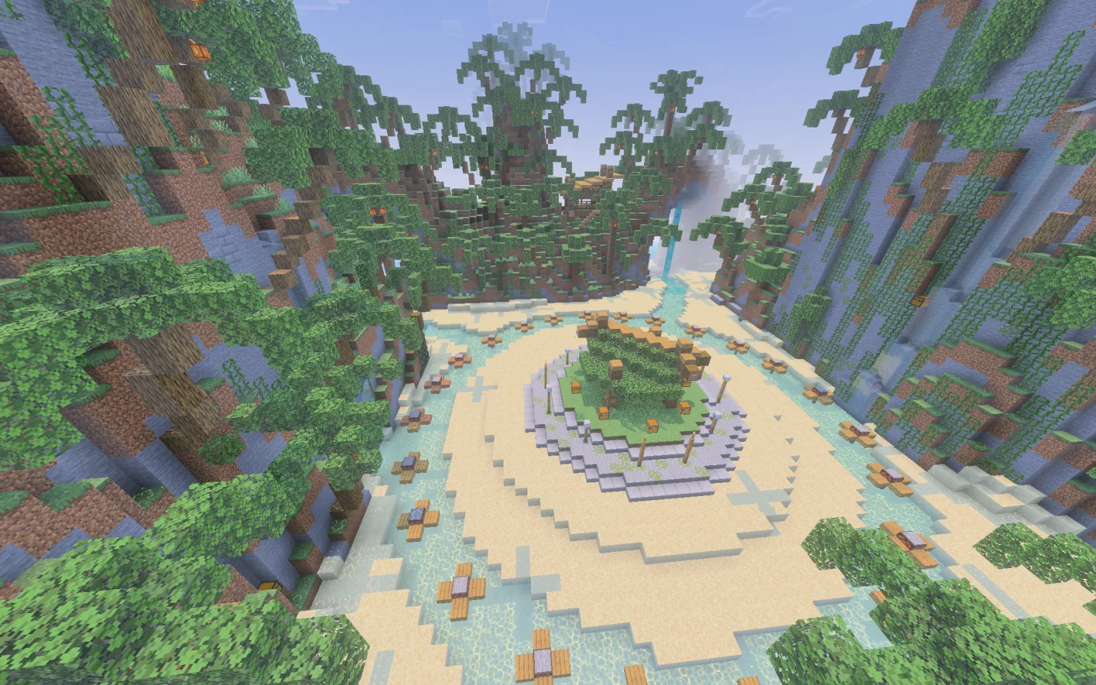 A ring of starting platforms and loot chests in a jungle arena on Bonfire